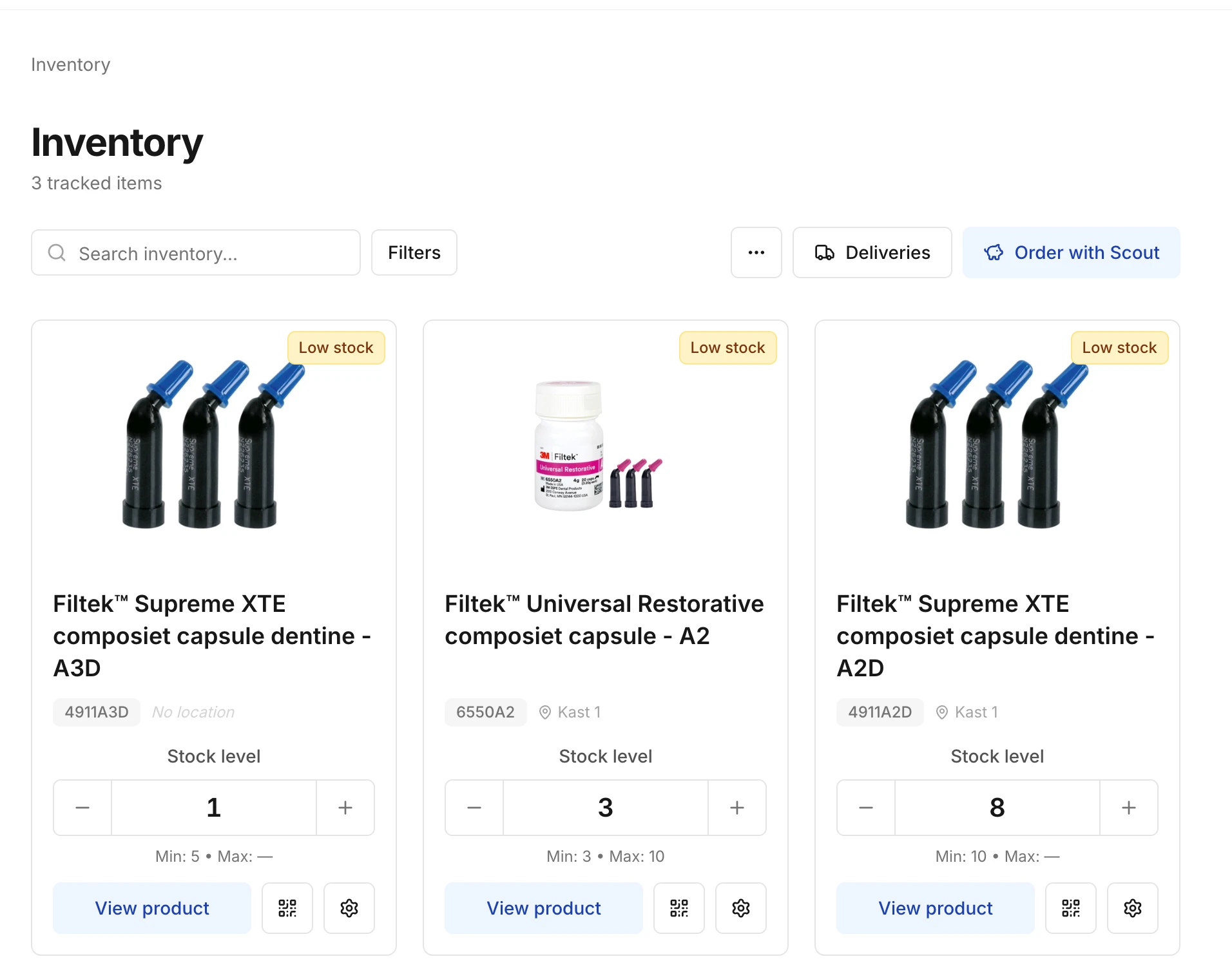 The inventory page with a card for each product