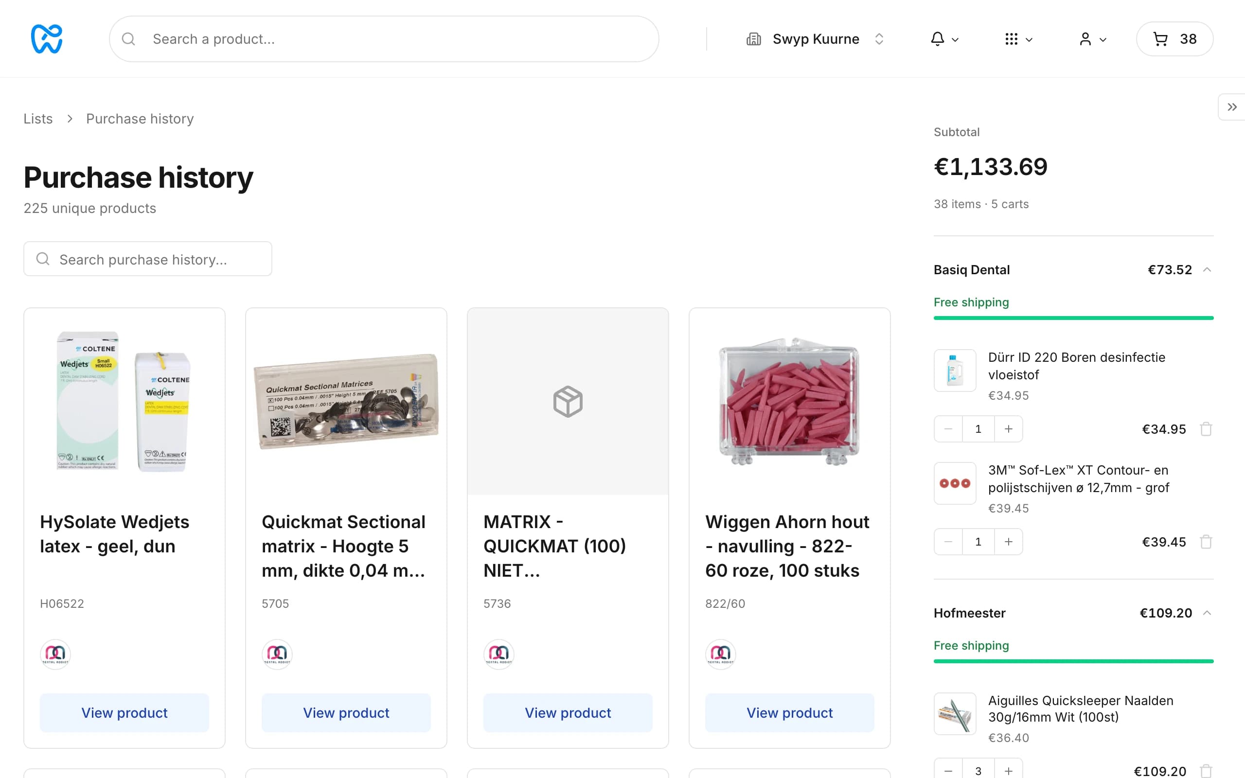 The purchase history with every product the practice bought through Swyp