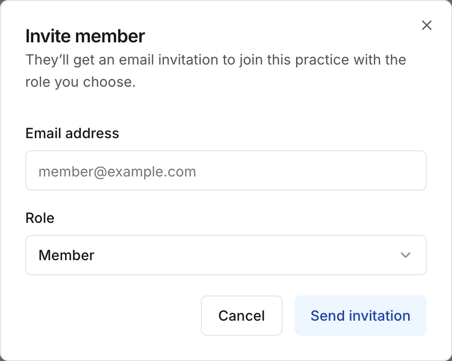 The window to invite a colleague, with email address and role