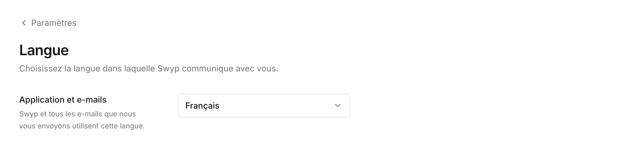 Le paramètre pour choisir la langue de l'application et des e-mails
