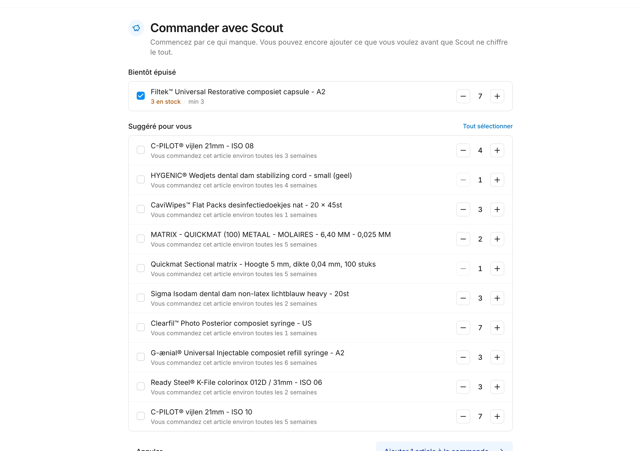 Commander avec Scout : les produits presque épuisés et les produits que vous commandez régulièrement