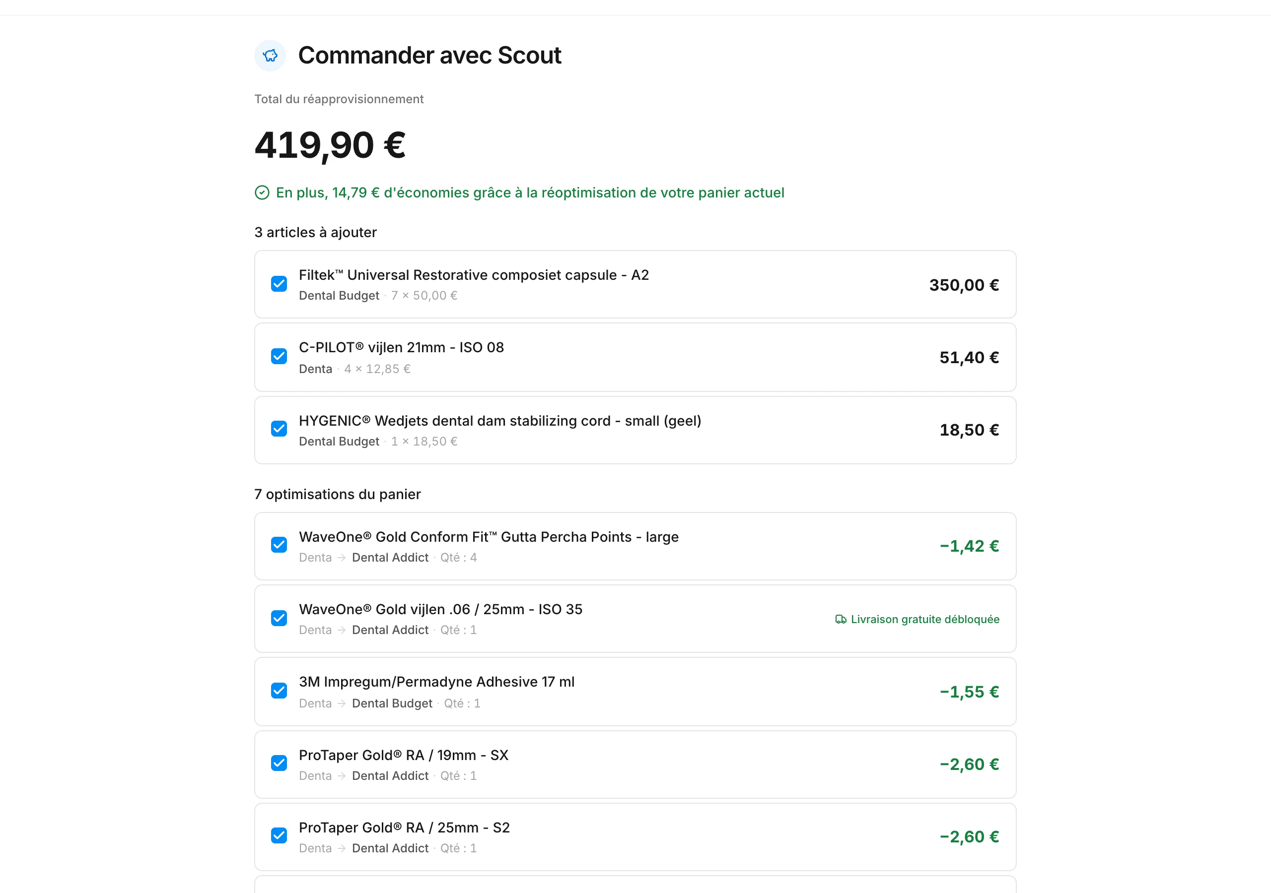 La proposition de Scout avec les articles qu'il ajoute et ce qu'il déplace dans votre panier
