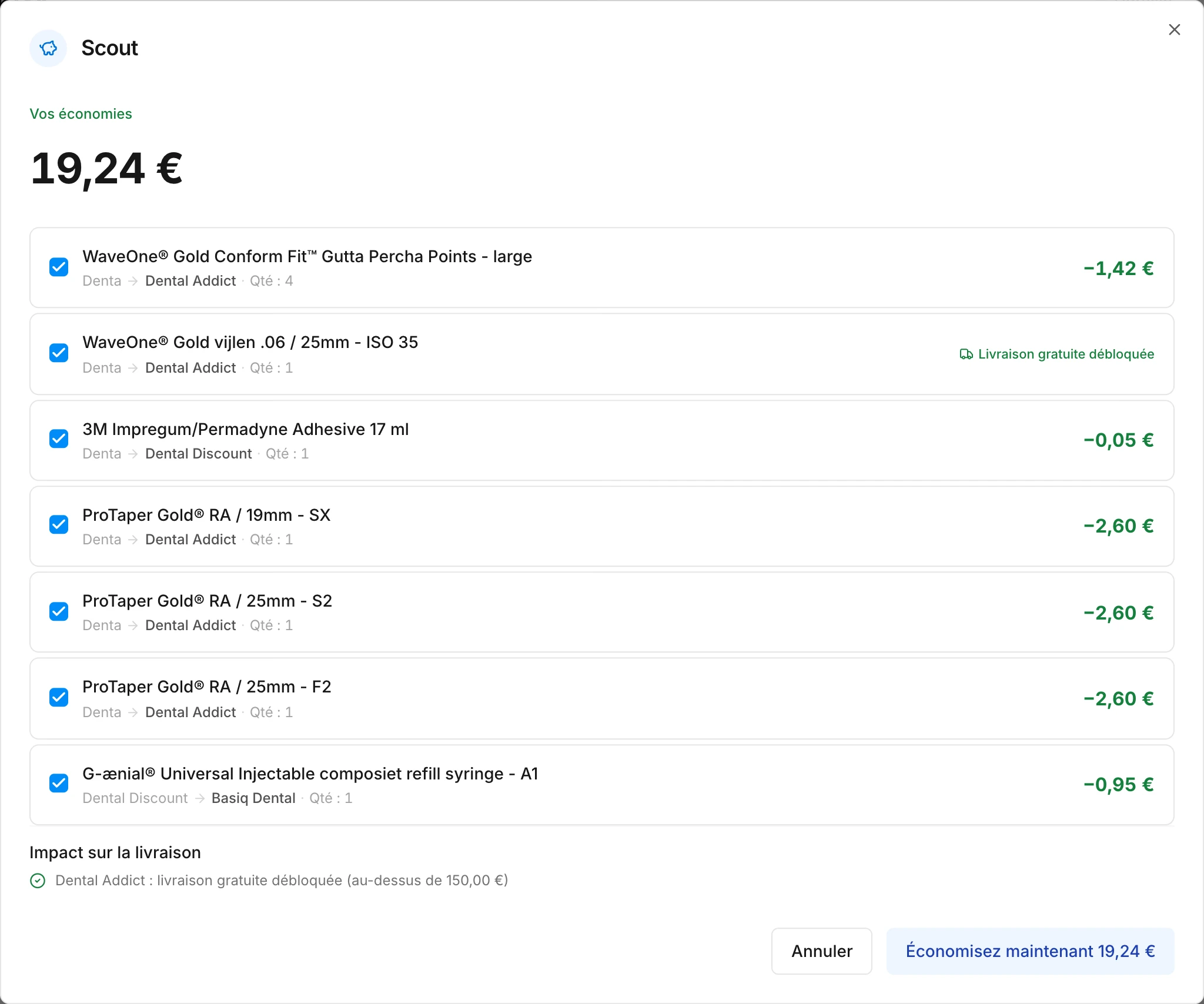Scout avec des propositions pour déplacer des articles vers un autre fournisseur et l'économie totale