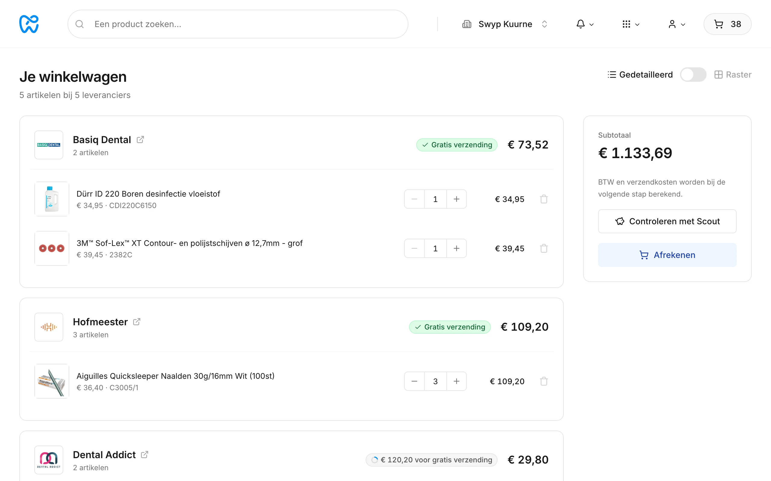 De winkelwagen met artikelen per leverancier en het subtotaal
