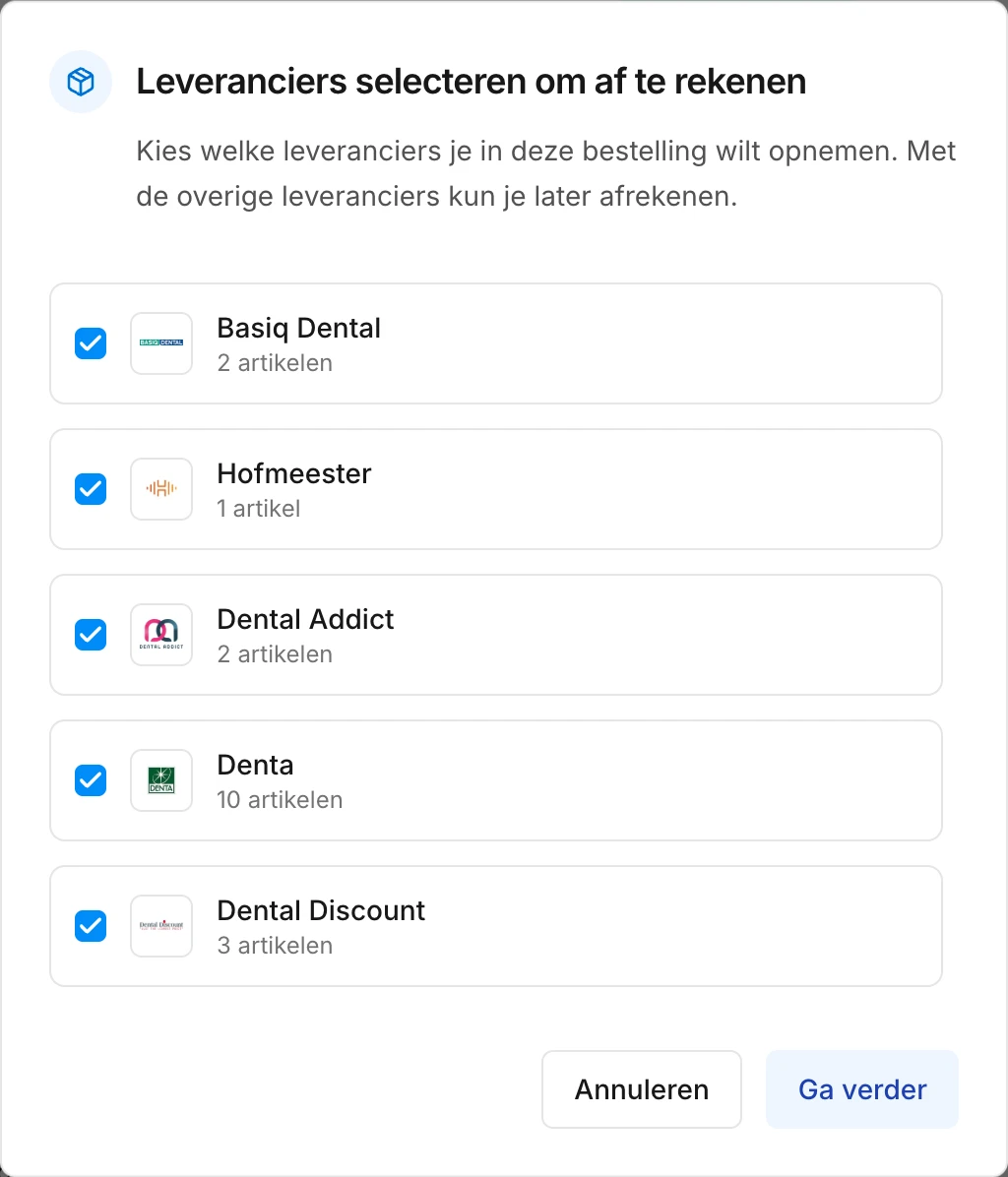 Het venster waarin je kiest welke leveranciers je in deze bestelling opneemt