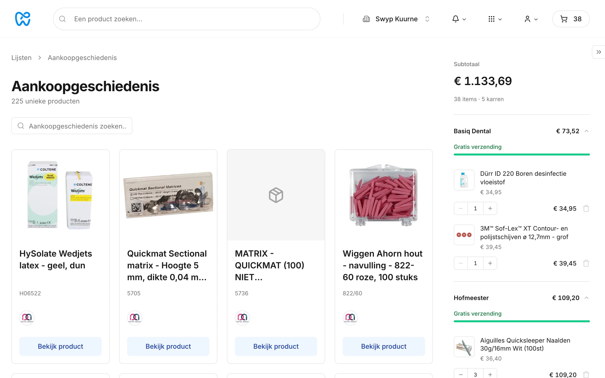 De aankoopgeschiedenis met elk product dat de praktijk via Swyp kocht