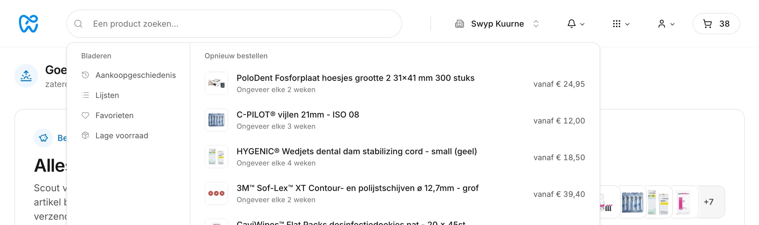 De zoekbalk met snelkoppelingen en producten om opnieuw te bestellen
