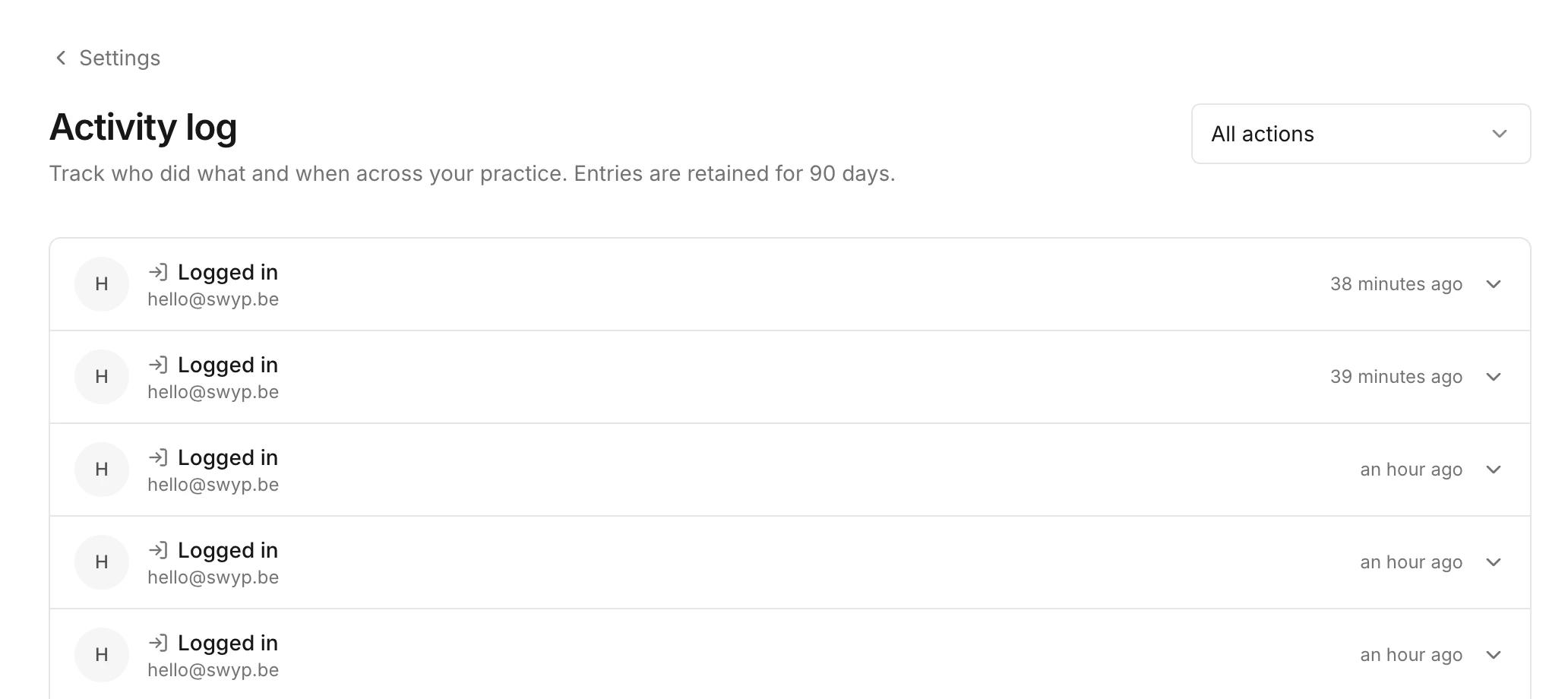 The activity log with the most recent actions in the practice