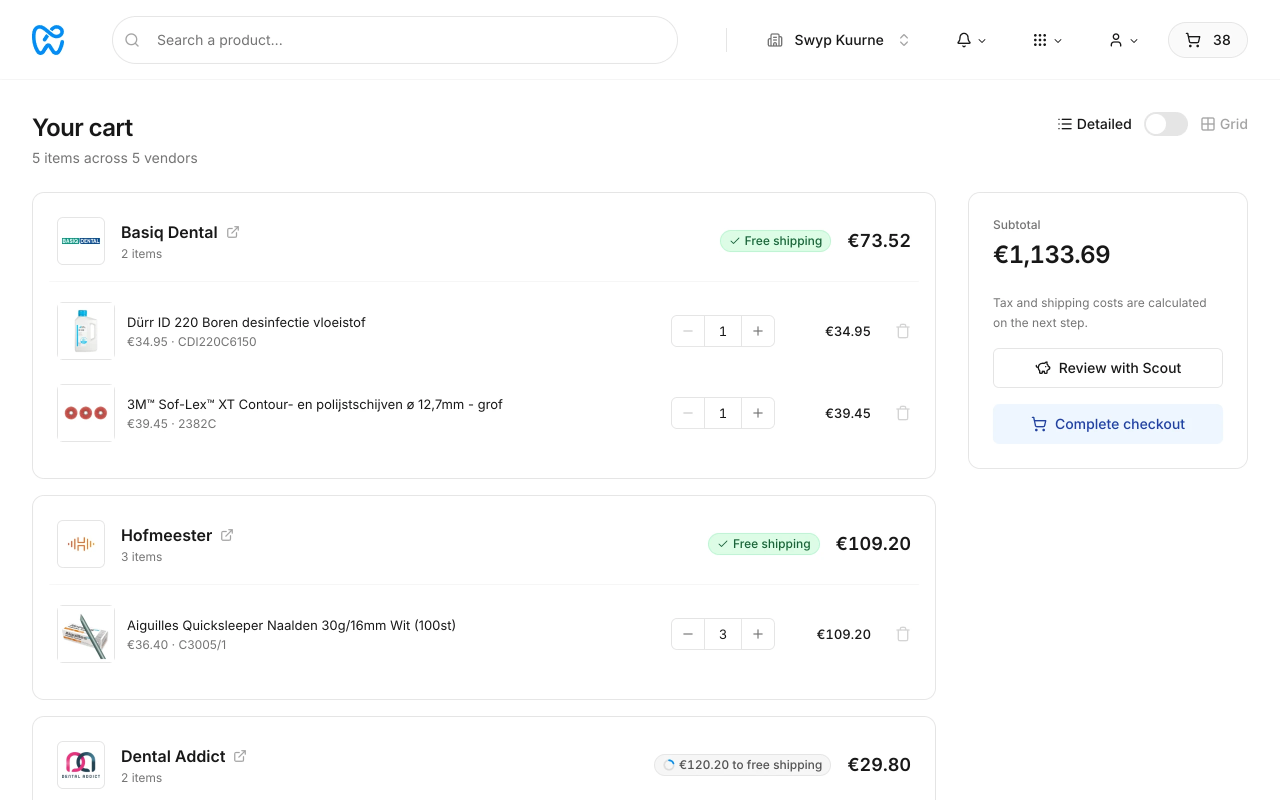 The cart with items per supplier and the subtotal