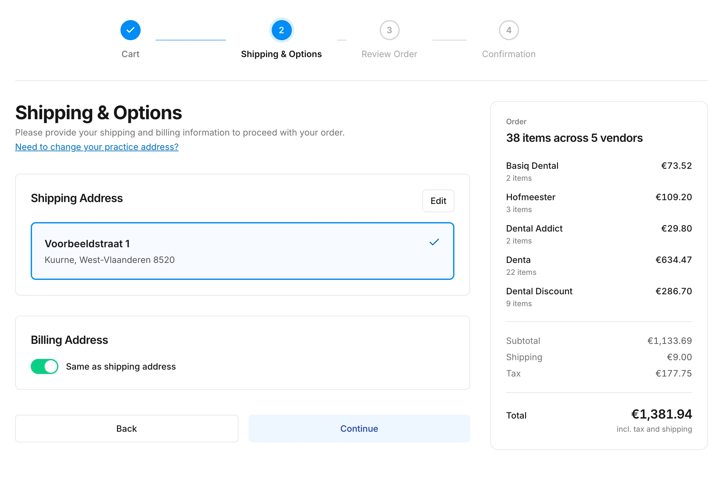 The step with the delivery and billing address and your order summary