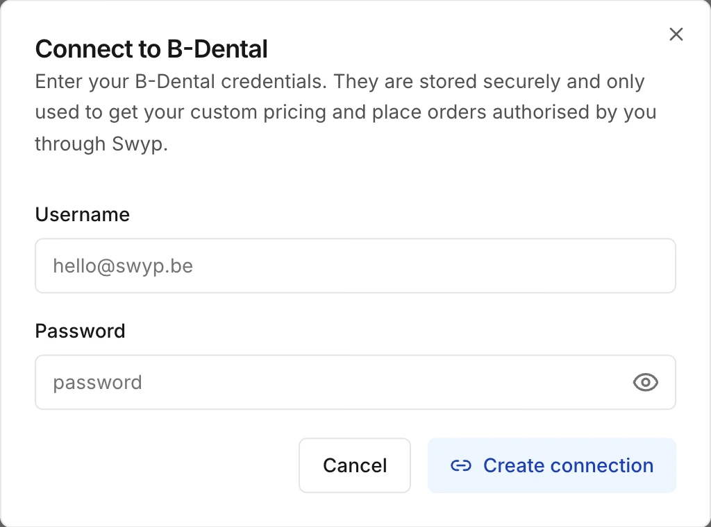 The window to connect a supplier, with username and password