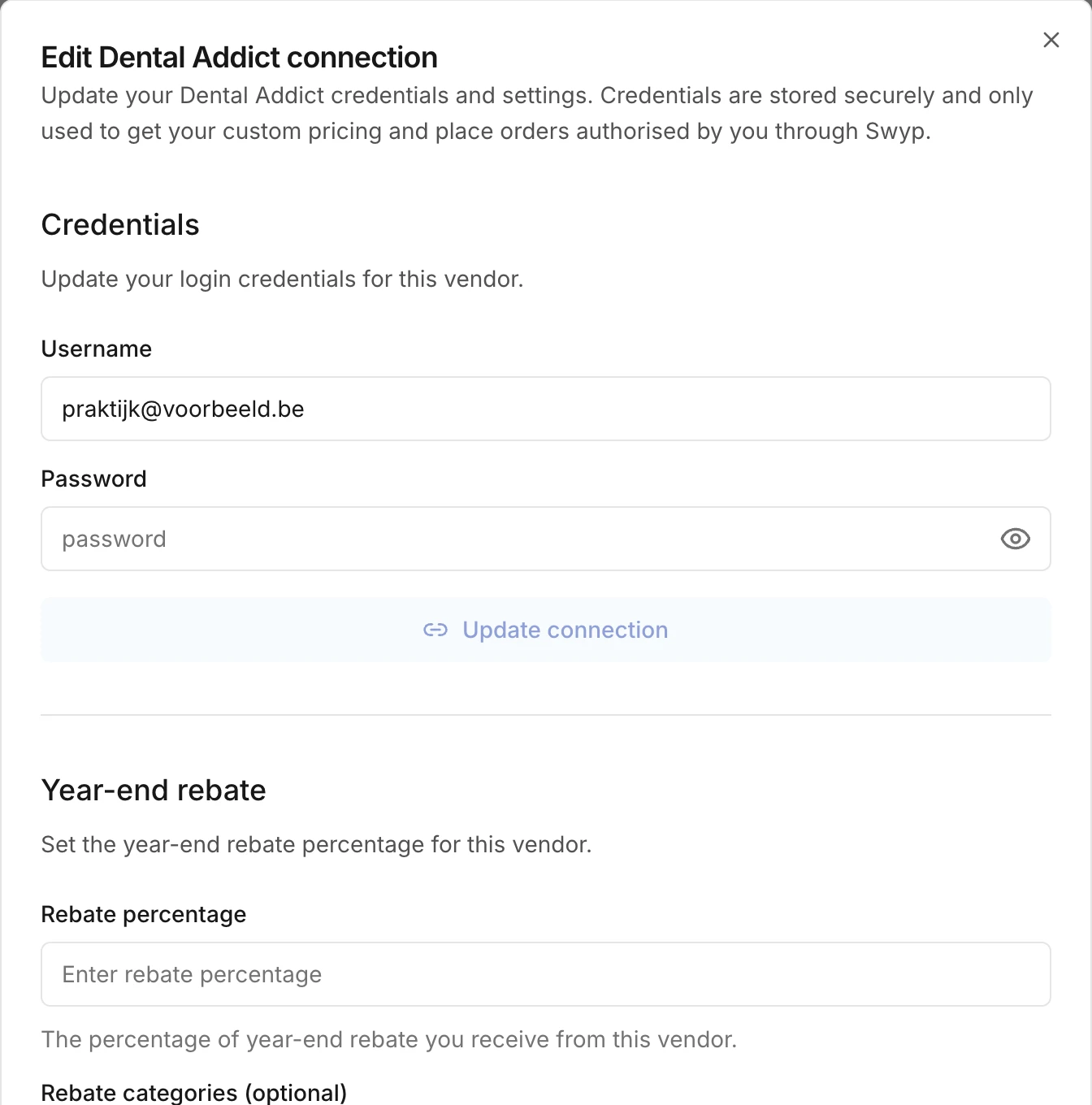 The window to edit a connection, with sign-in details and year-end rebate