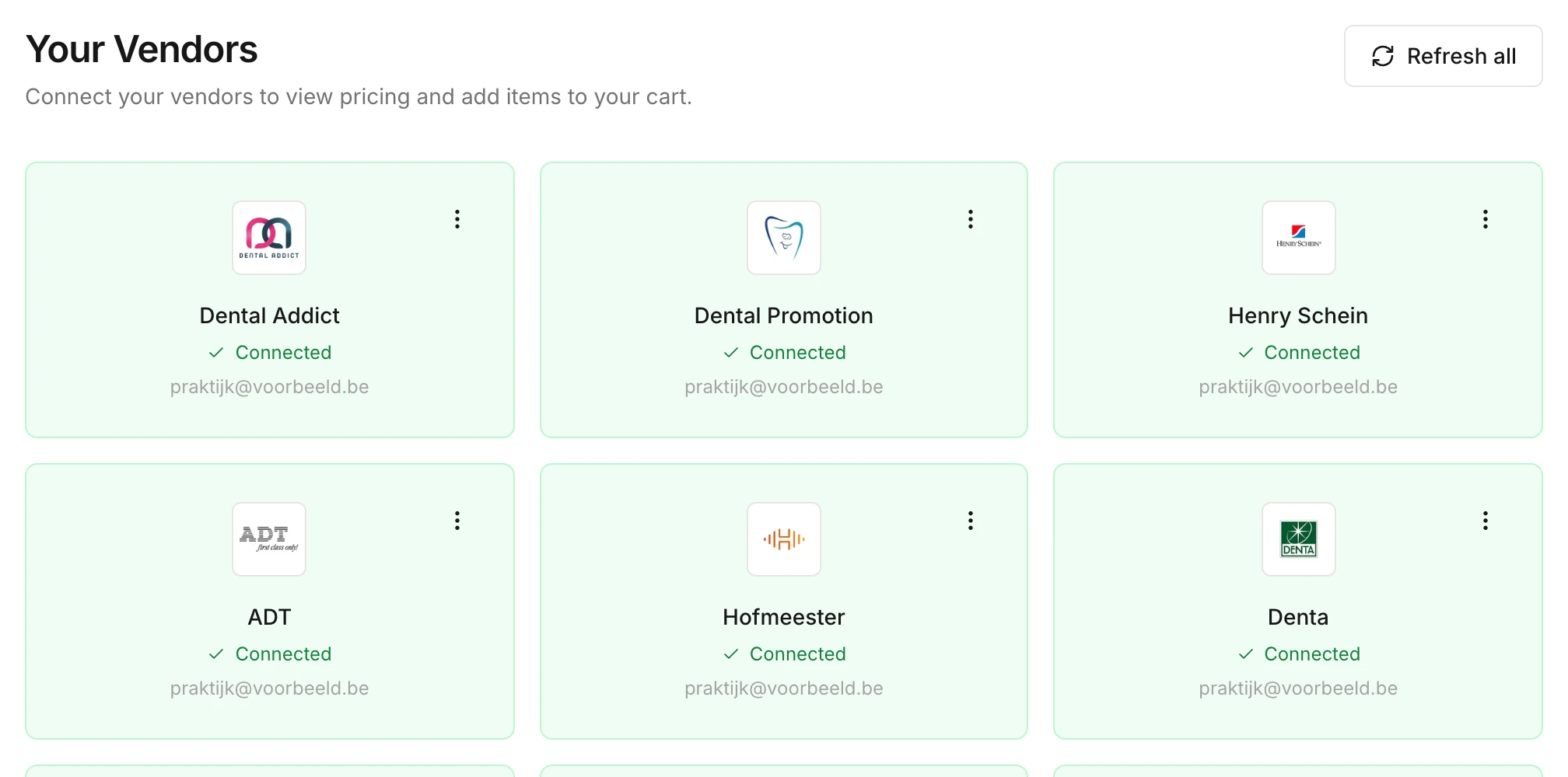 The overview of your suppliers, with a card for each supplier