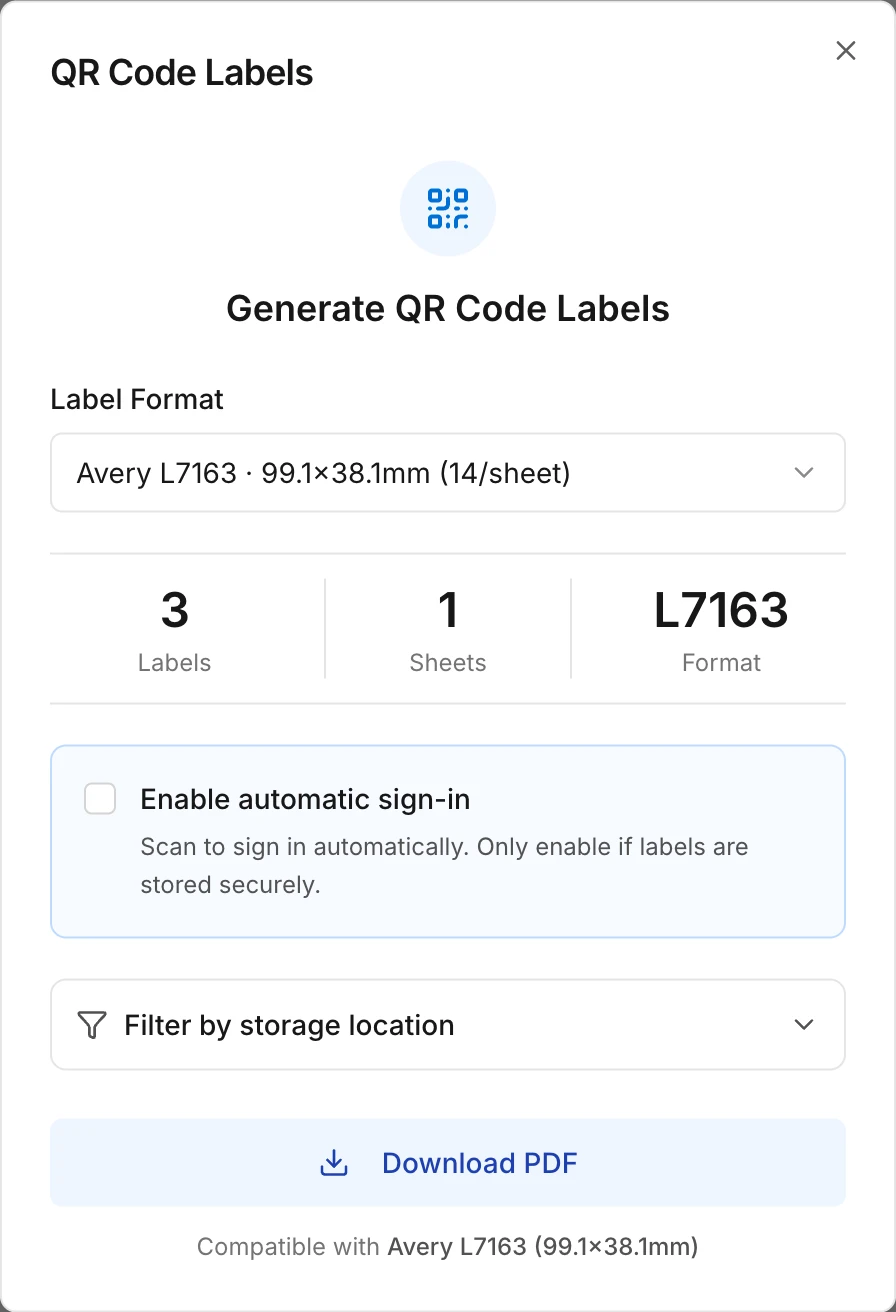 The window to print QR labels