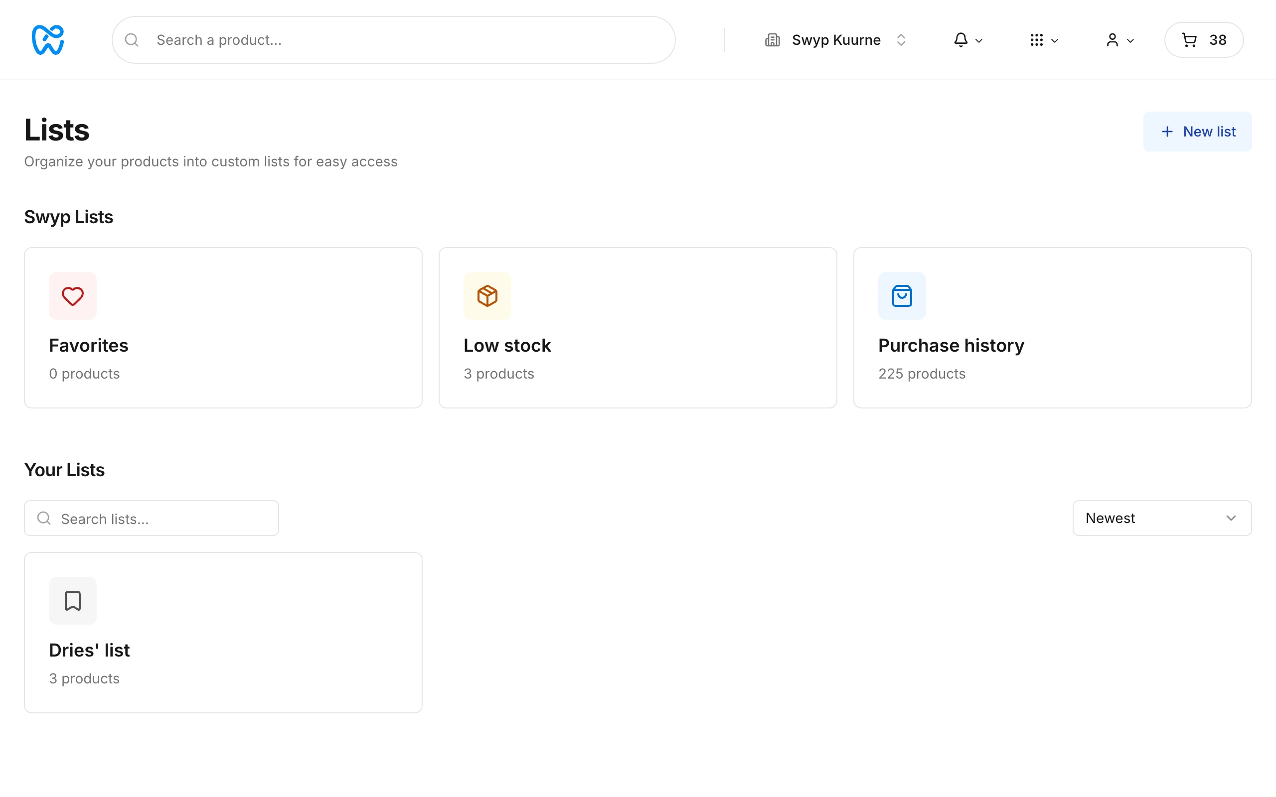 The Lists page with Swyp's built-in lists and your own lists