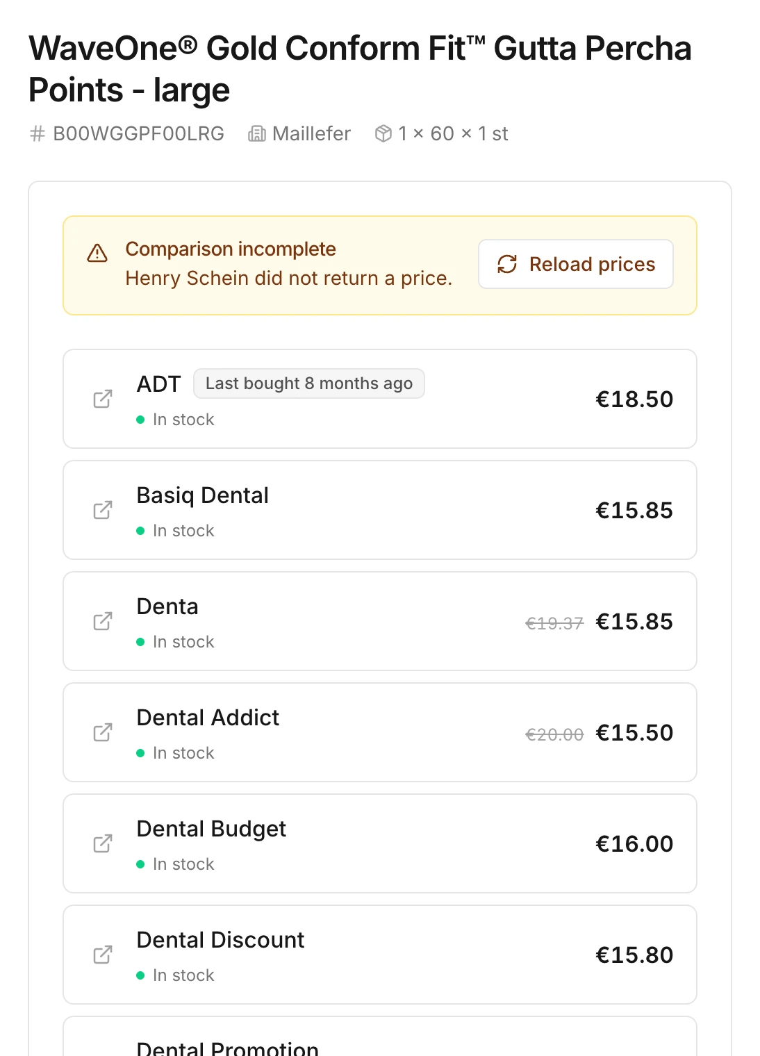 A product page with the price and stock at each supplier