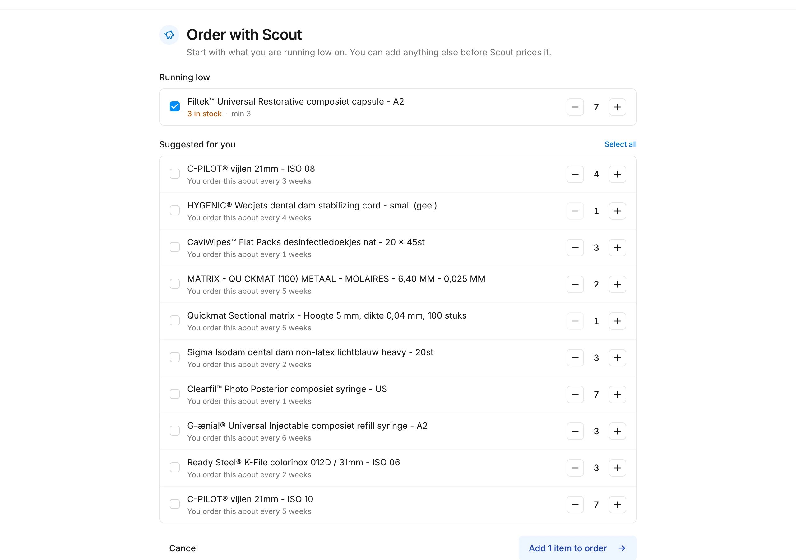 Order with Scout: products that are running low and products you order regularly