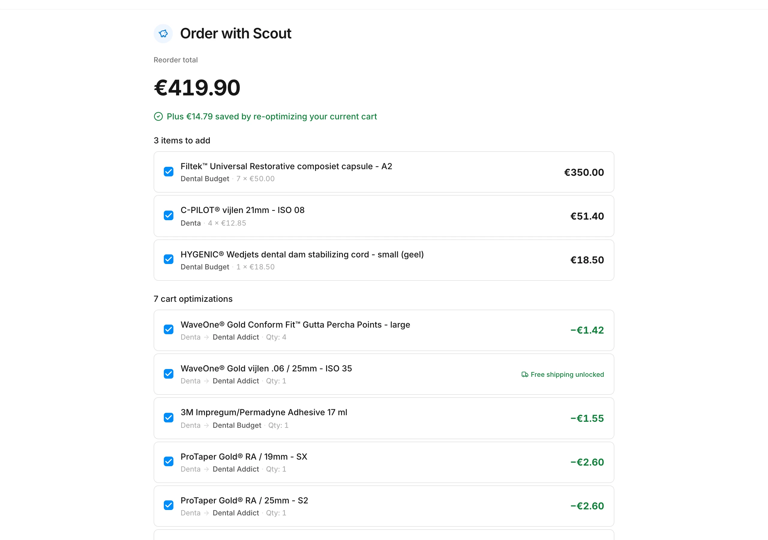 Scout's proposal with the items it adds and what it moves in your cart