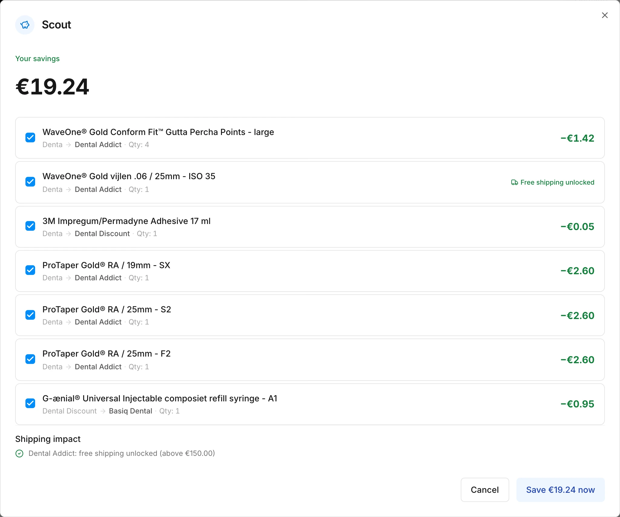 Scout with suggestions to move items to another supplier and the total saving