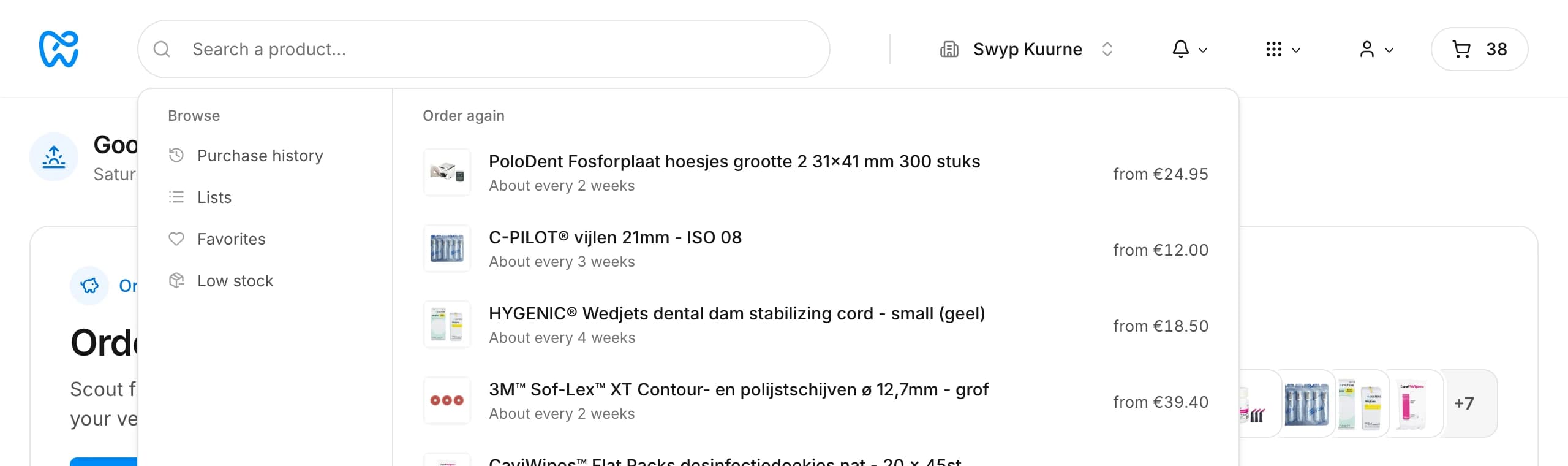 The search bar with shortcuts and products to order again