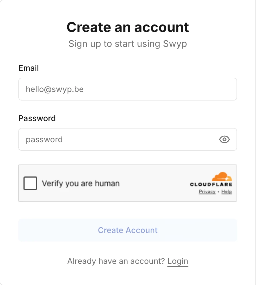 The form to create a Swyp account