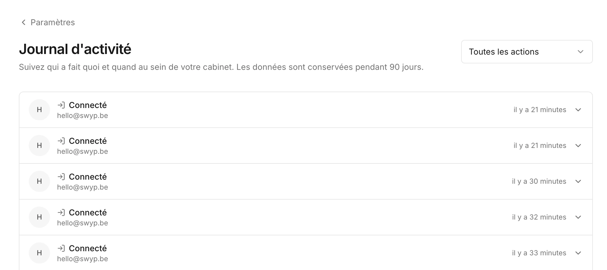 Le journal d'activité avec les actions les plus récentes du cabinet