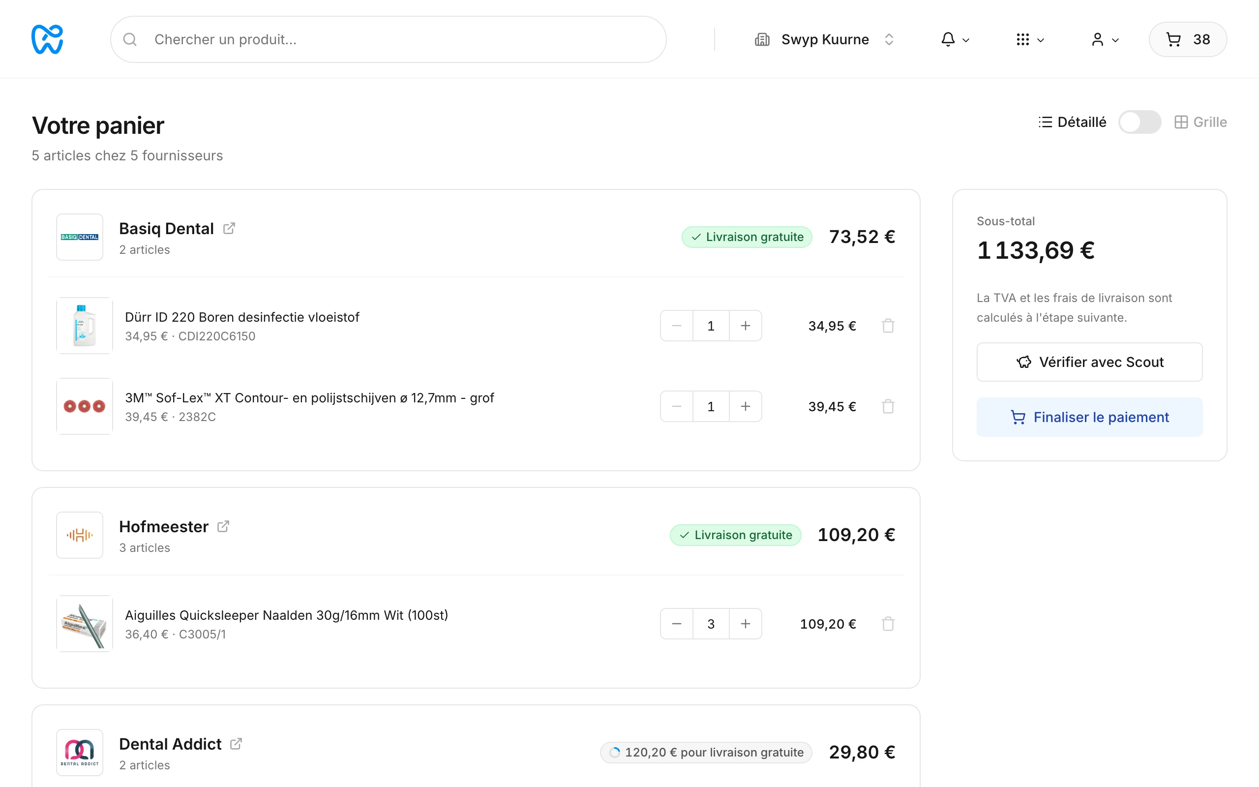 Le panier avec les articles par fournisseur et le sous-total