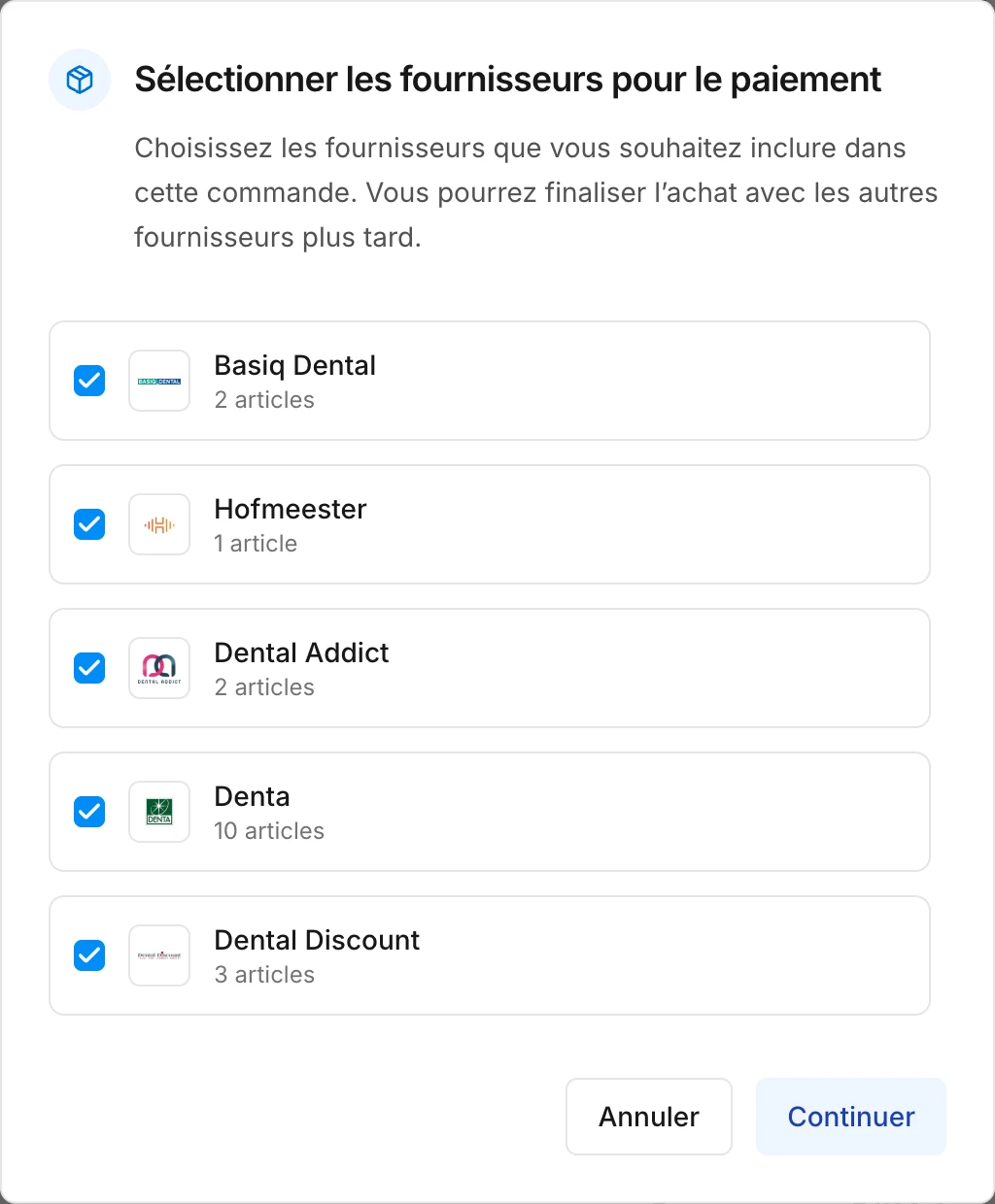 La fenêtre où vous choisissez les fournisseurs à inclure dans cette commande