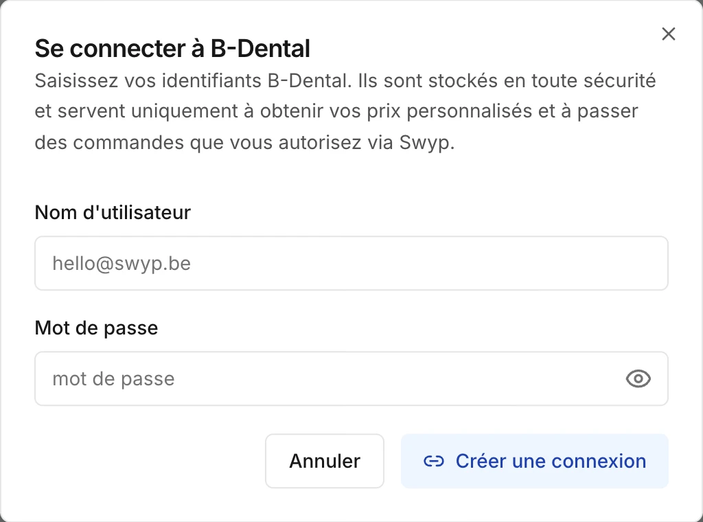 La fenêtre pour connecter un fournisseur, avec nom d'utilisateur et mot de passe
