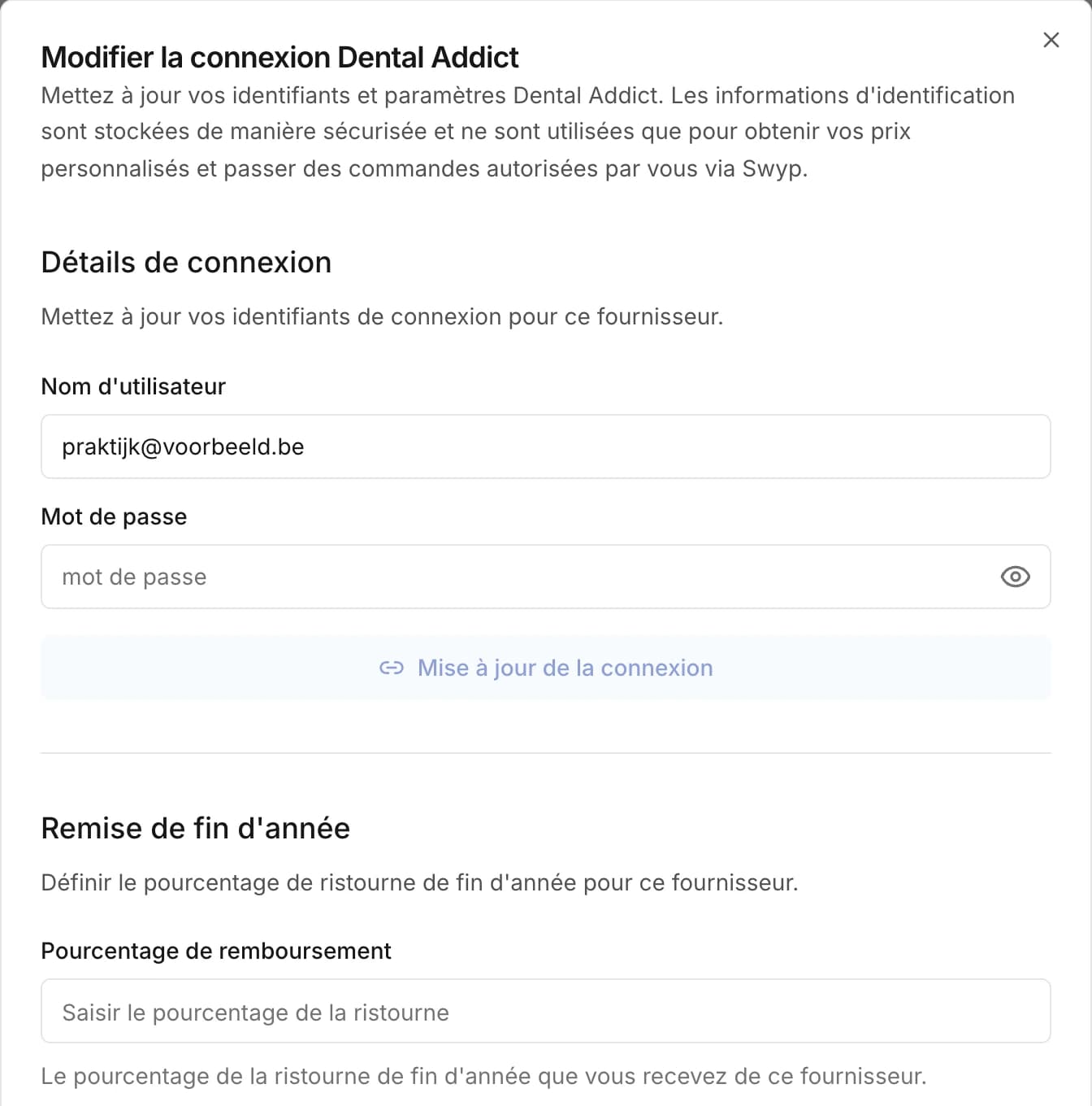 La fenêtre pour modifier une connexion, avec les identifiants et la remise de fin d'année