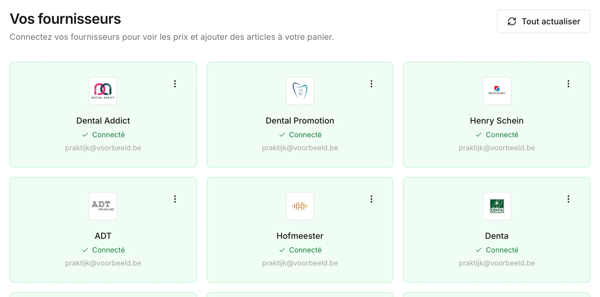 La vue d'ensemble de vos fournisseurs, avec une carte par fournisseur