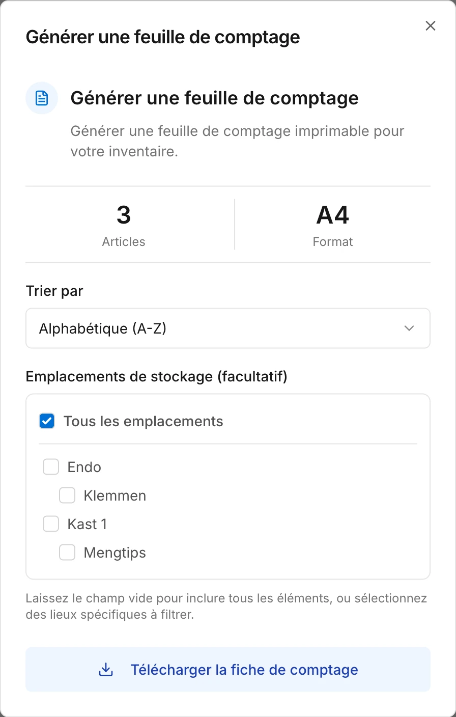 La fenêtre pour créer une fiche de comptage