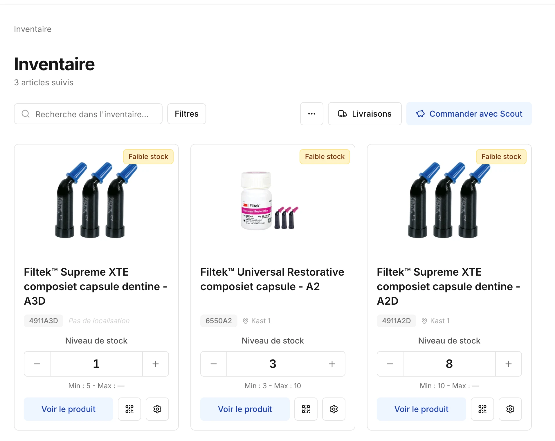 La page Inventaire avec une carte par produit