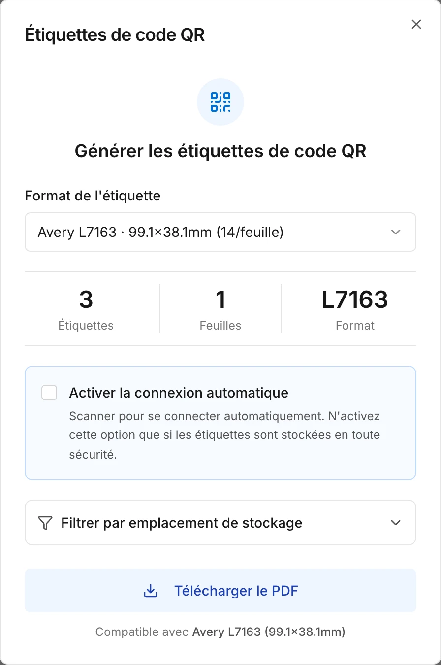 La fenêtre pour imprimer des étiquettes QR