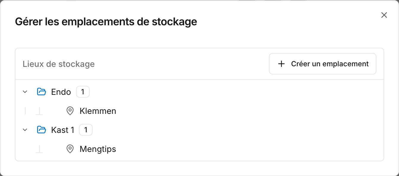Des emplacements de stockage avec leurs sous-emplacements