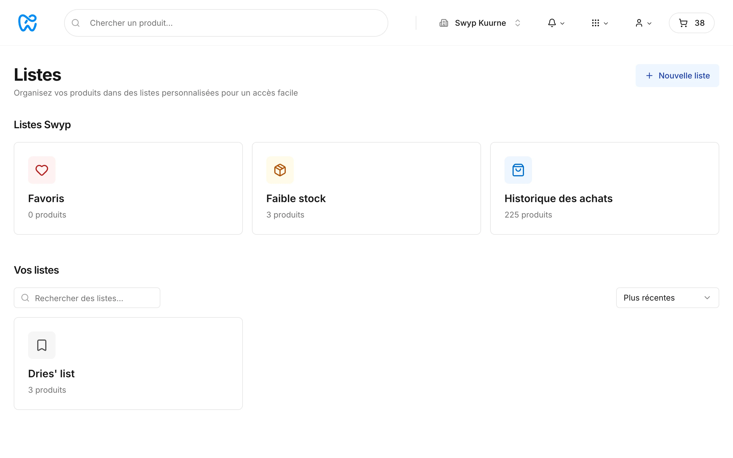 La page Listes avec les listes fixes de Swyp et vos propres listes