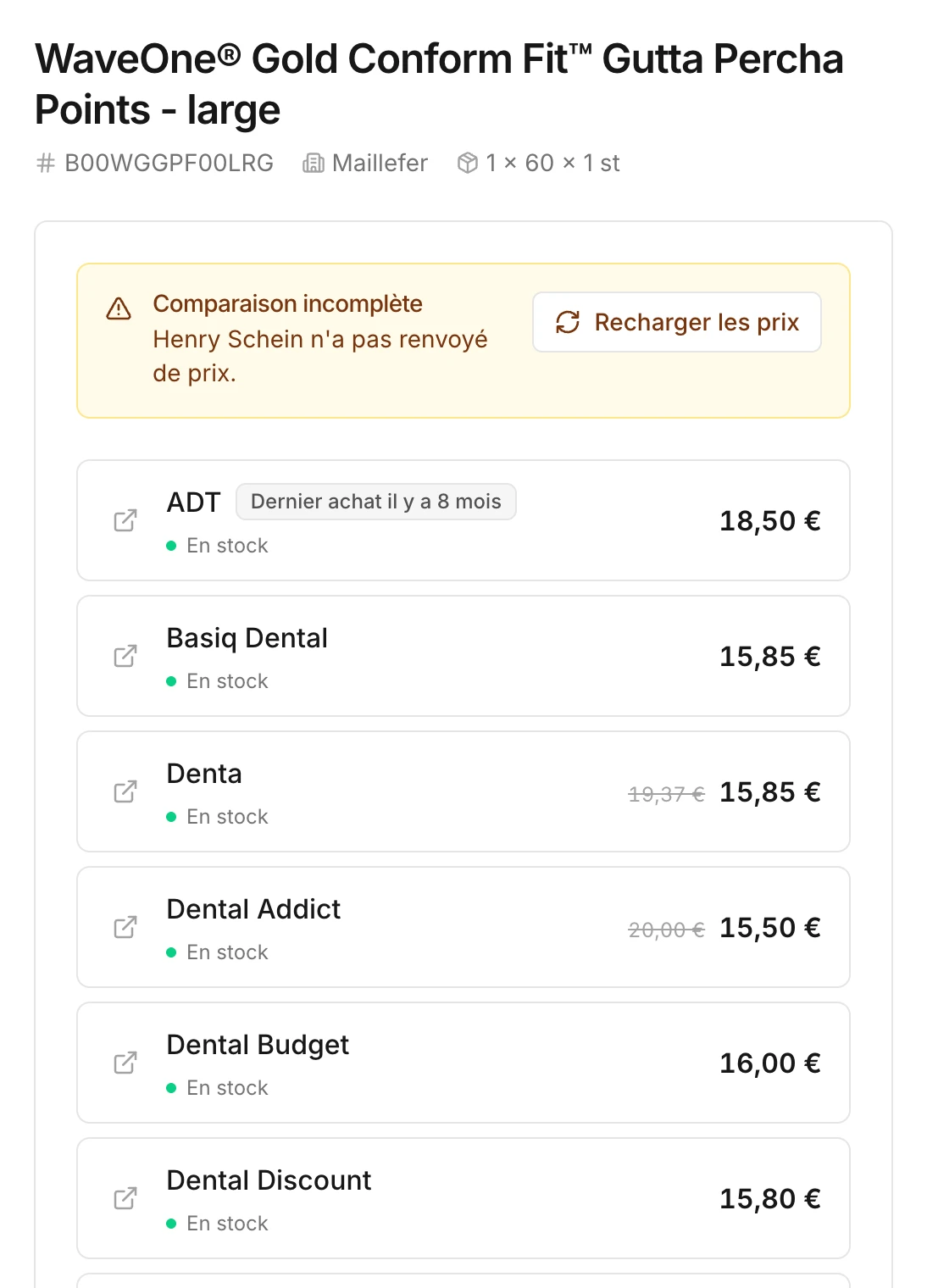 Une page produit avec le prix et le stock chez chaque fournisseur