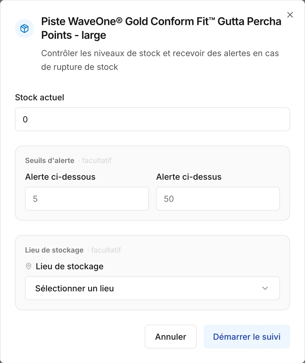 La fenêtre pour suivre le stock d'un produit