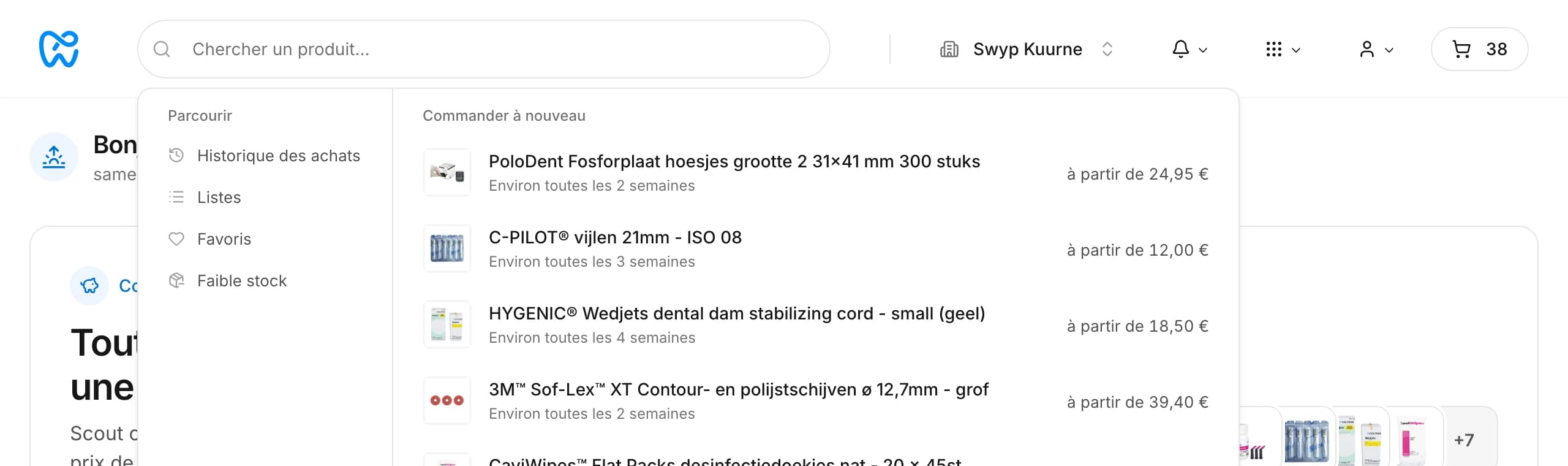 La barre de recherche avec des raccourcis et des produits à recommander