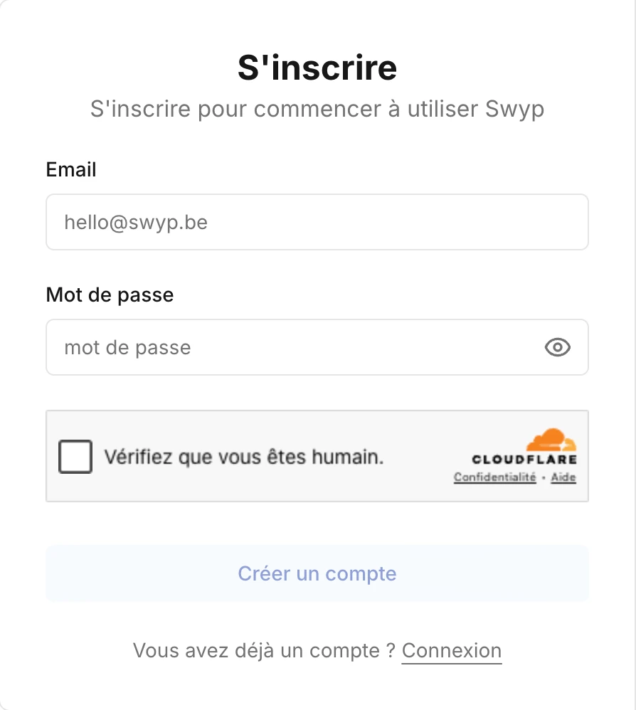Le formulaire pour créer un compte Swyp