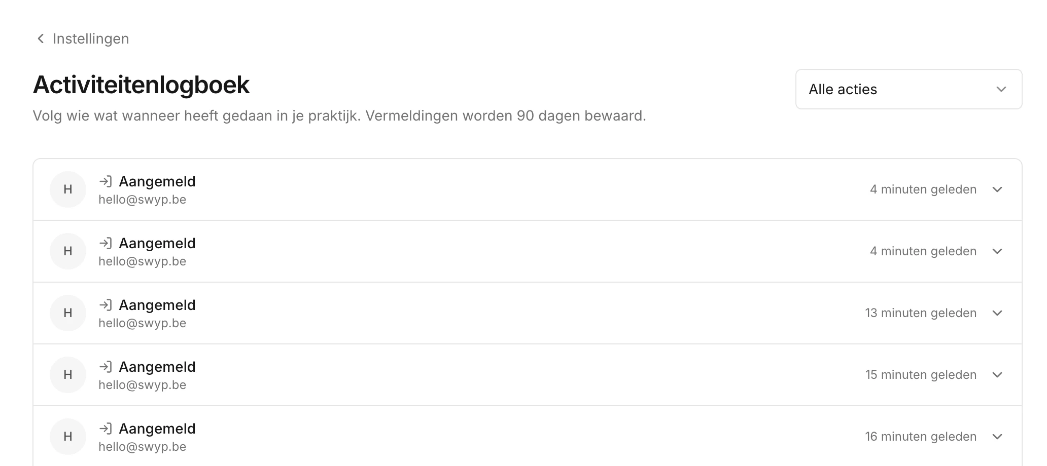 Het activiteitenlogboek met de recentste acties in de praktijk