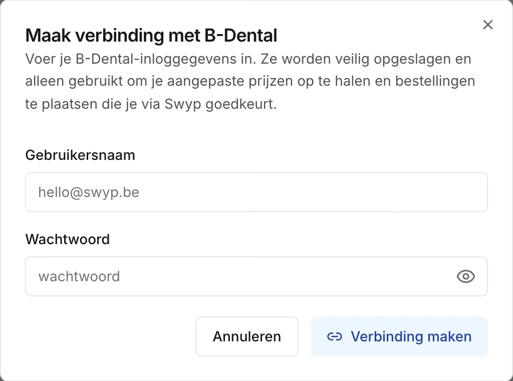 Het venster om een leverancier te koppelen, met gebruikersnaam en wachtwoord