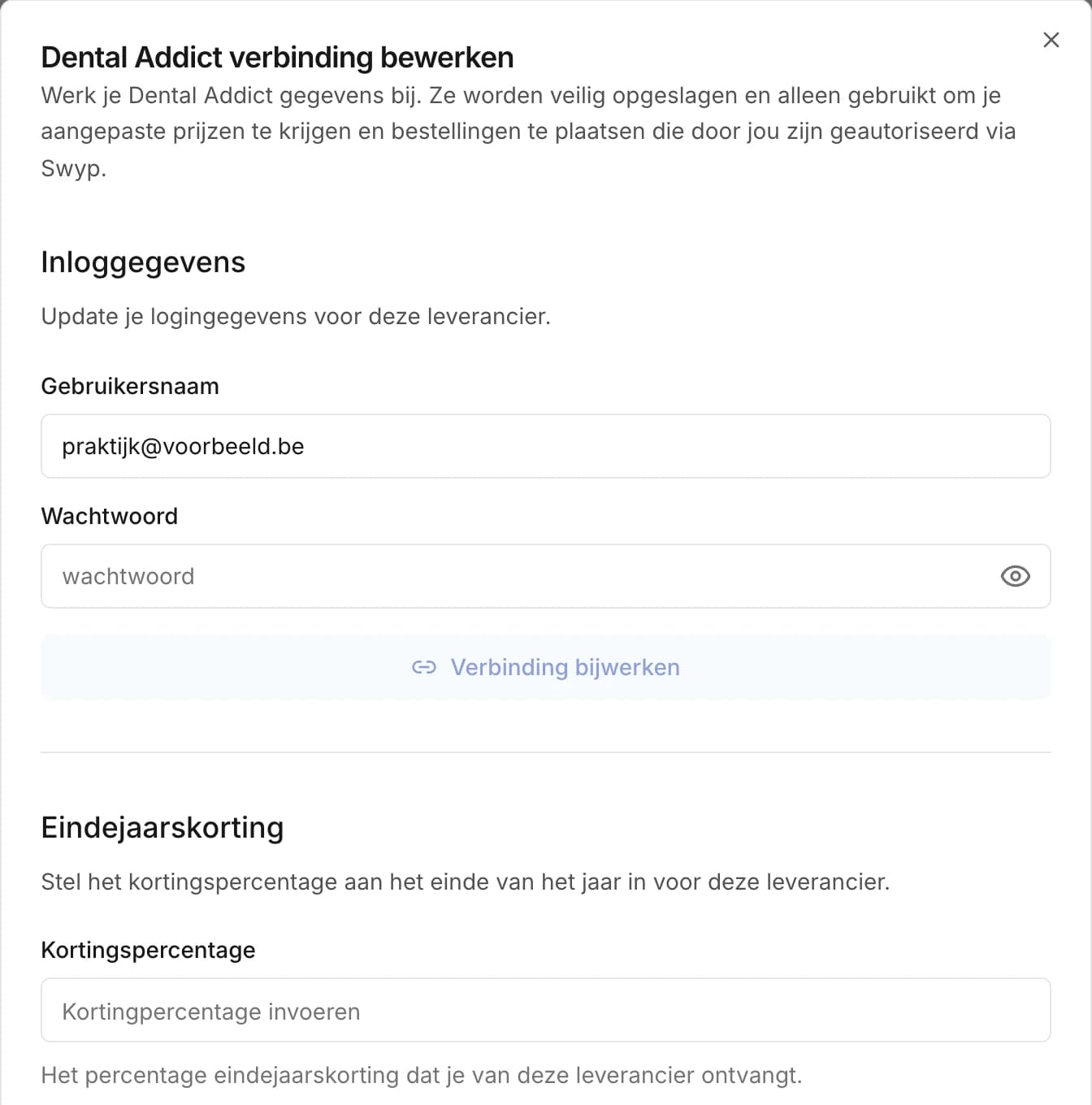 Het venster om een verbinding te bewerken, met inloggegevens en eindejaarskorting