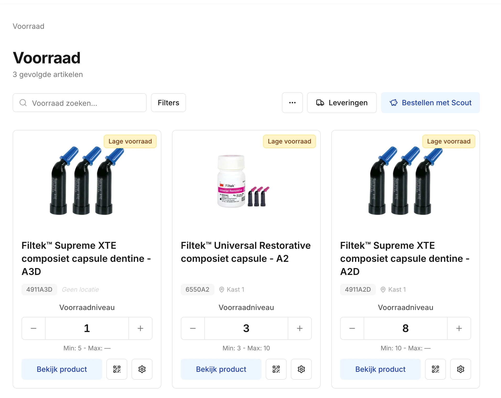 De voorraadpagina met een kaart per product
