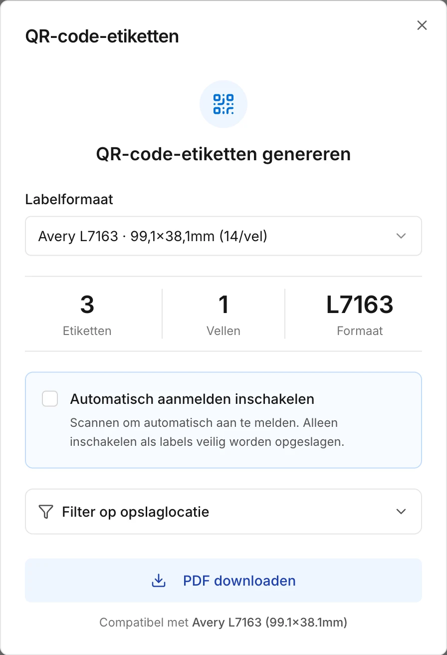Het venster om QR-labels af te drukken