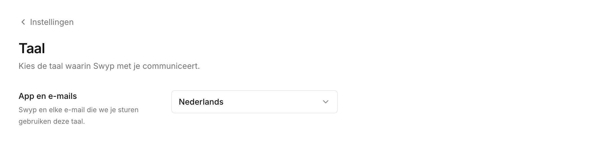 De instelling om de taal van de app en de e-mails te kiezen
