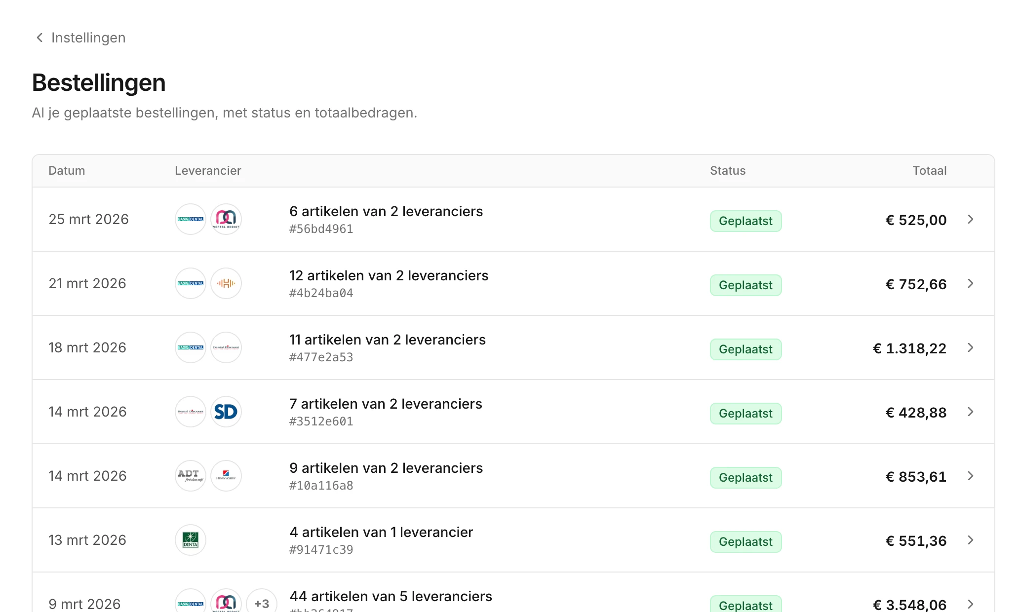 De lijst met bestellingen, met datum, leveranciers, status en totaal