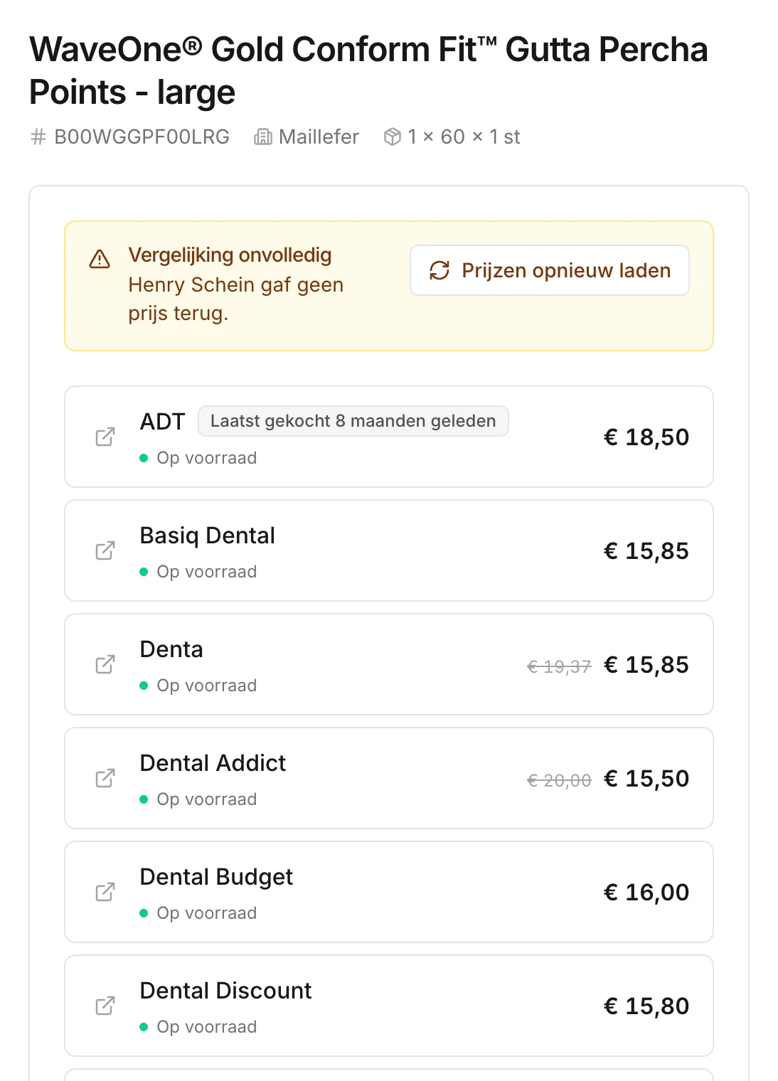 Een productpagina met de prijs en de voorraad bij elke leverancier
