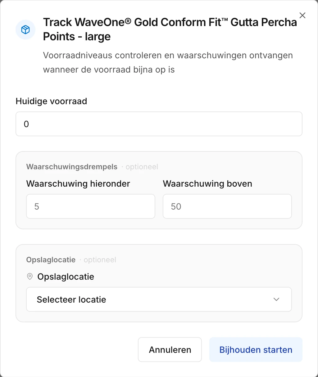 Het venster om de voorraad van een product bij te houden