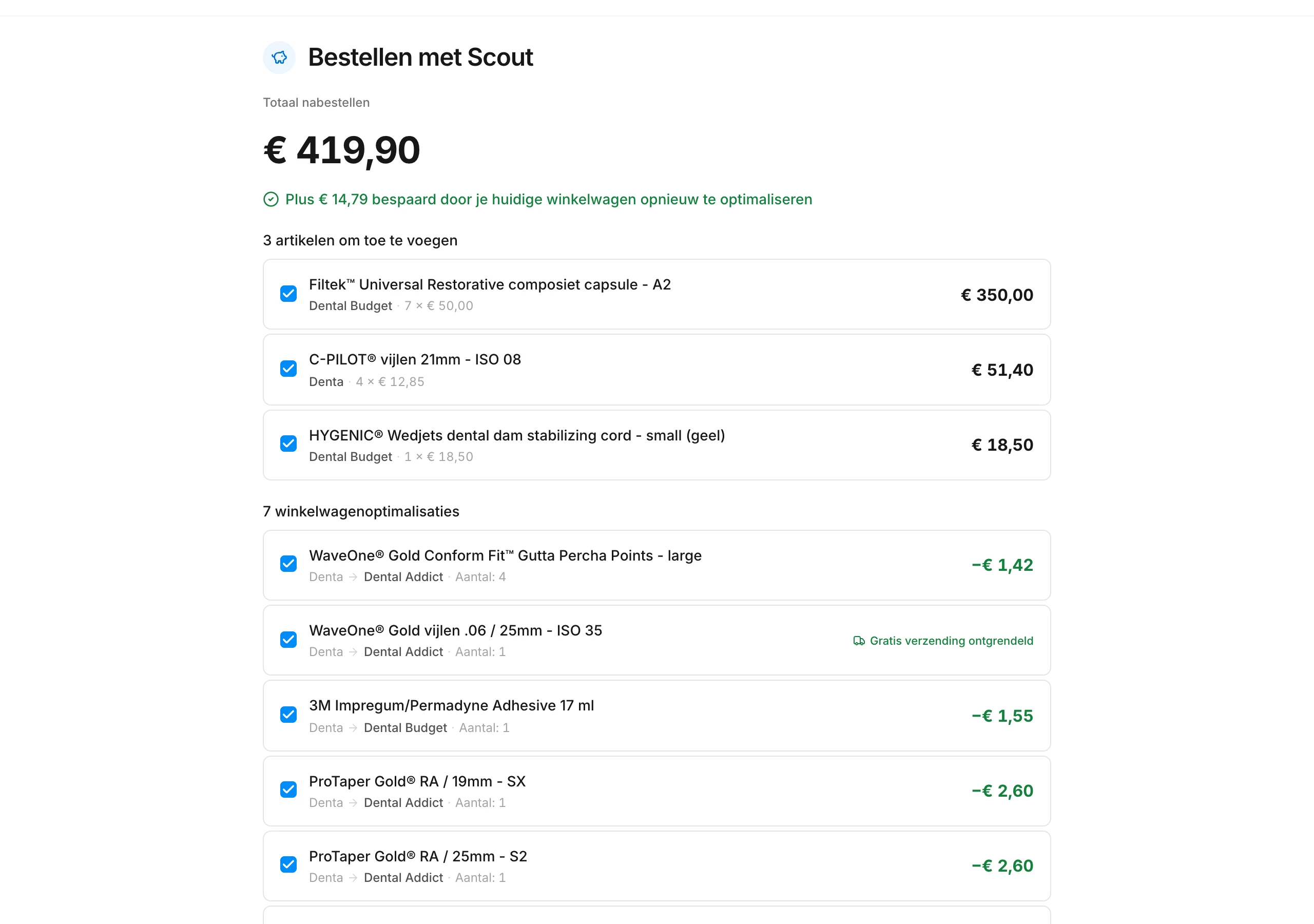Het voorstel van Scout met de artikelen die het toevoegt en wat het in je winkelwagen verplaatst